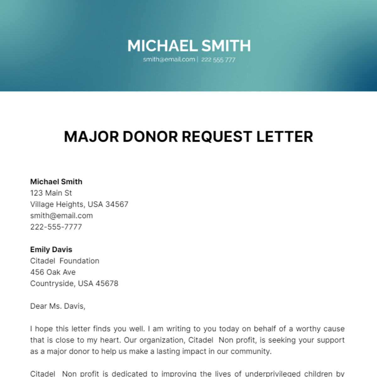 Major Donor Request Letter  Template