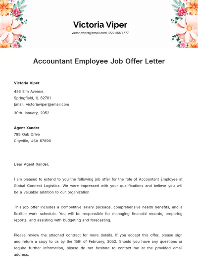 Free Accountant Employee Job Offer Letter Template to Edit Online
