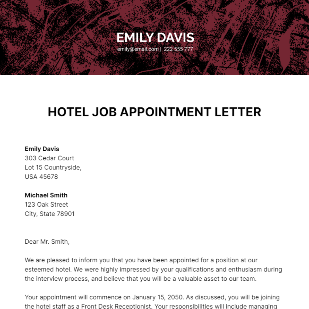 Hotel Job Appointment Letter Template