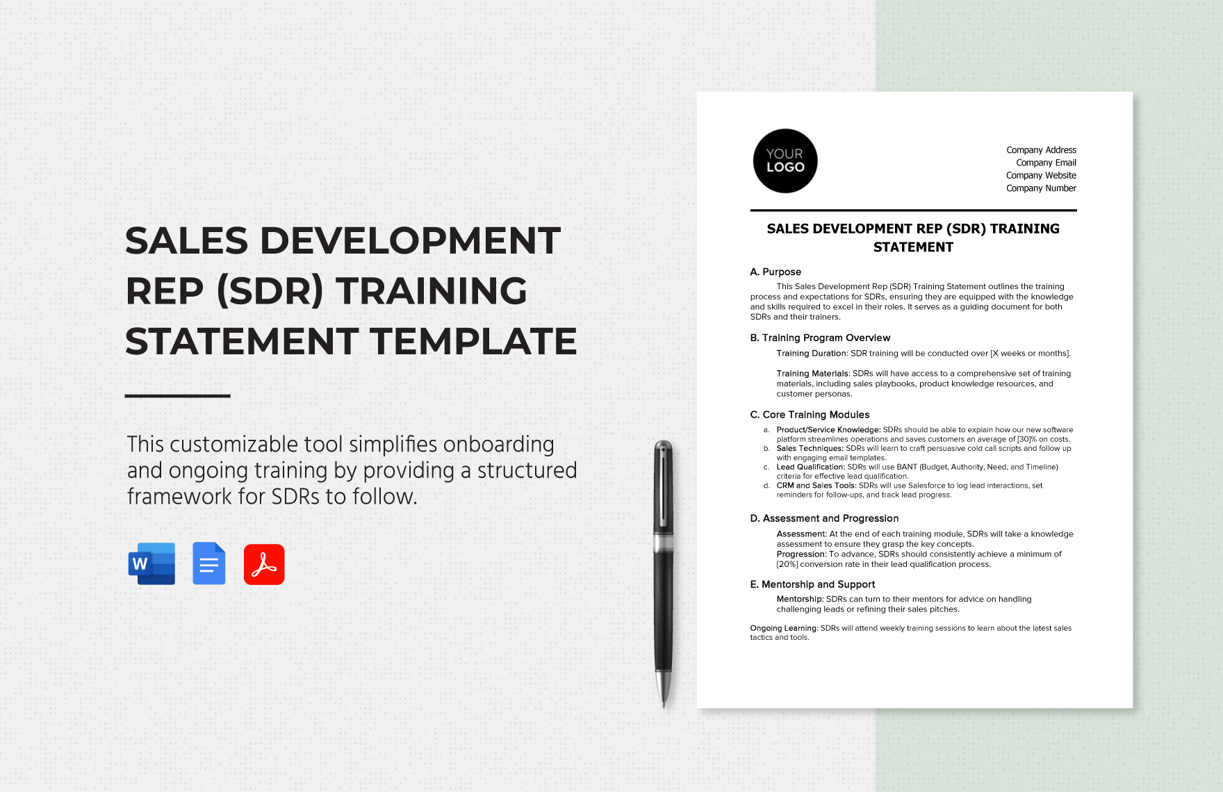 Sales Development Rep (SDR) Training Statement Template in Word, Google Docs, PDF