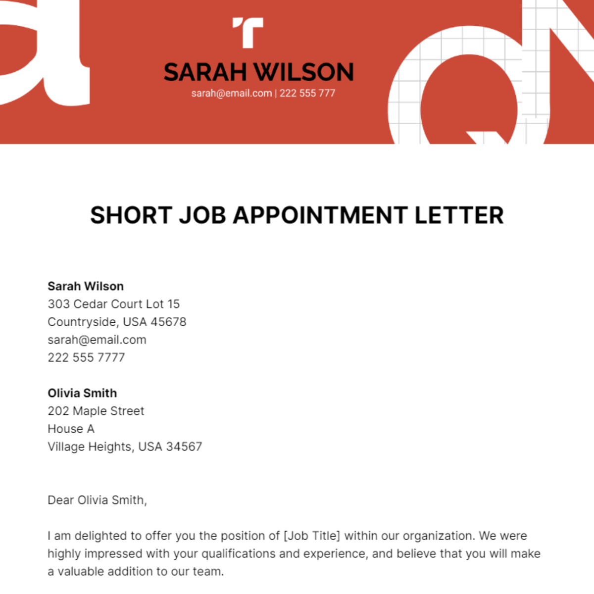 Short Job Appointment Letter Template