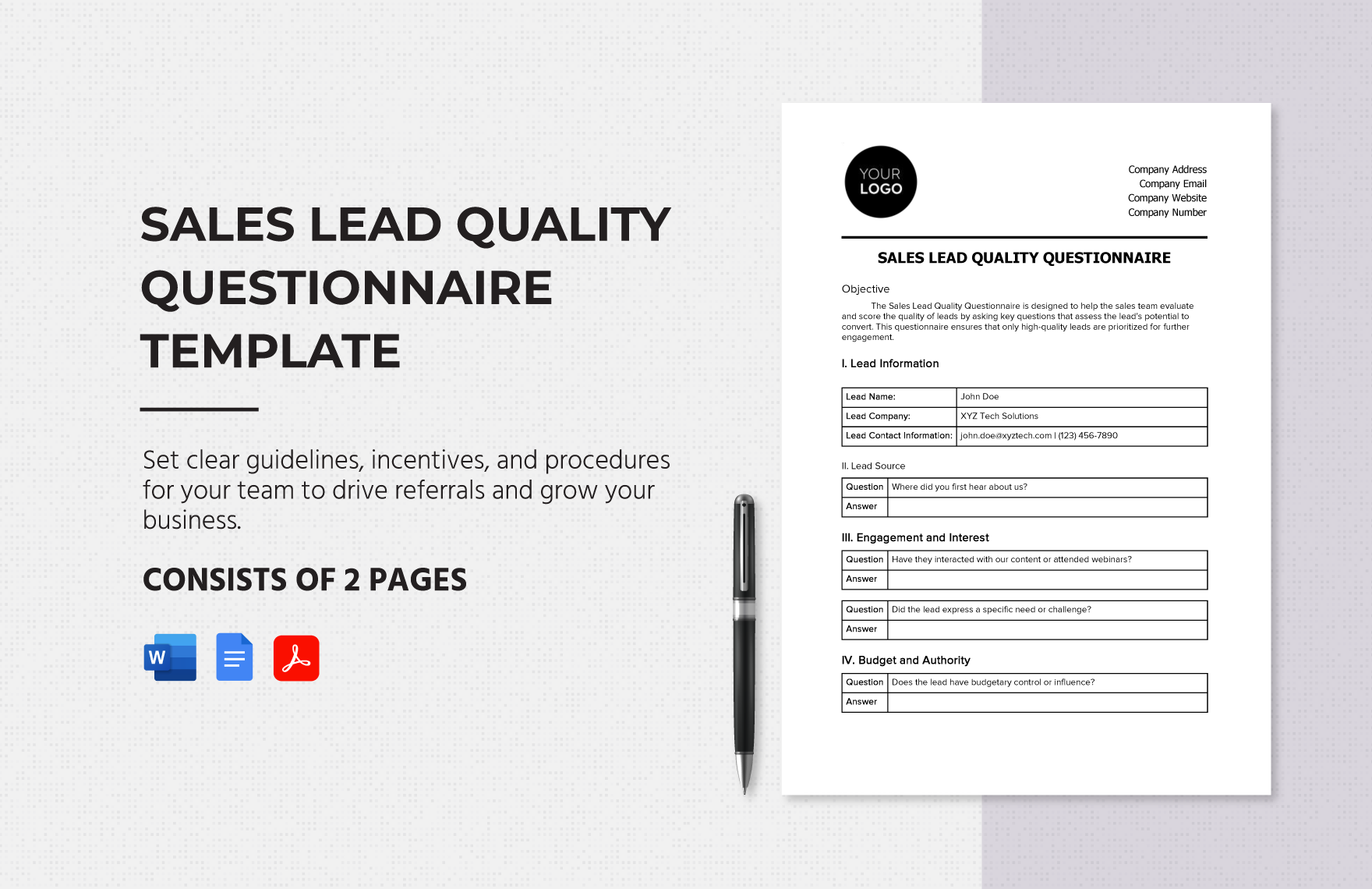 Sales Lead Quality Questionnaire Template in Word, Google Docs, PDF