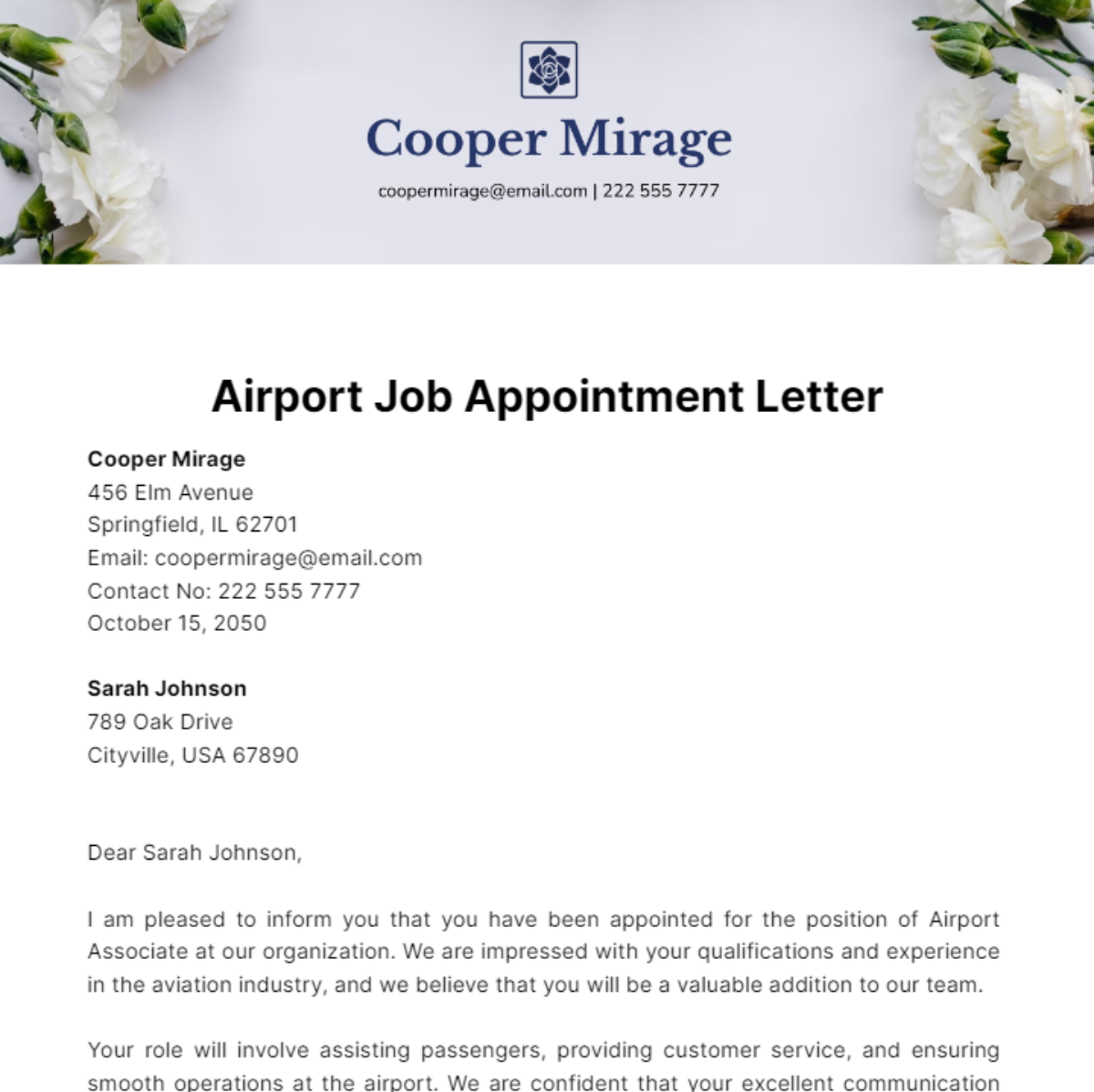 Airport Job Appointment Letter Template