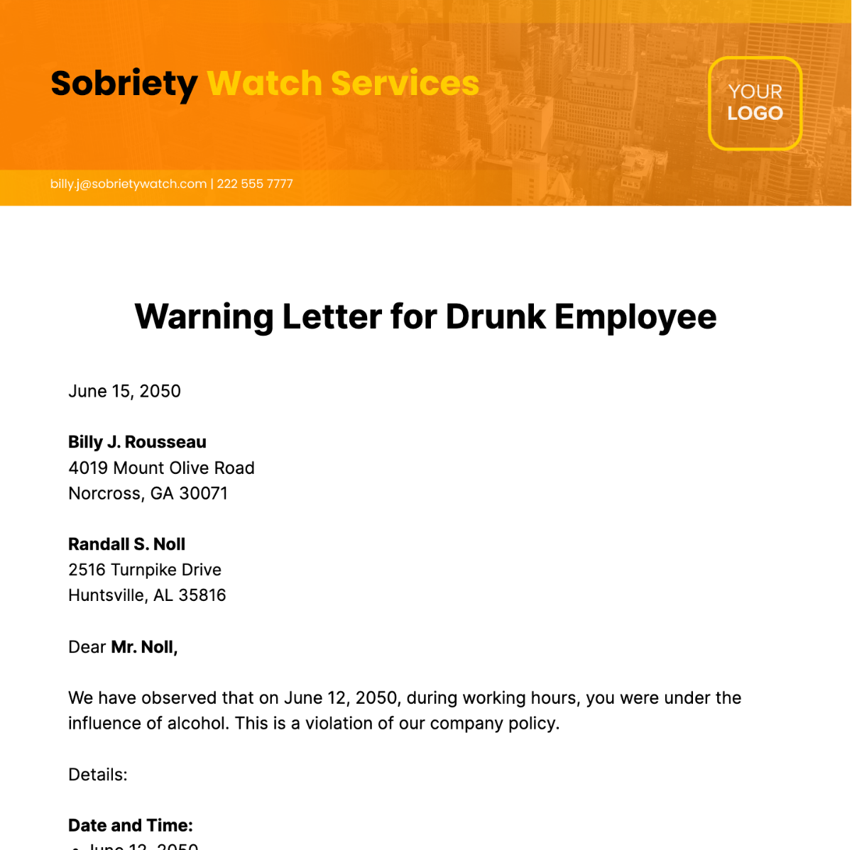 Free Warning Letter for Drunk Employee Template