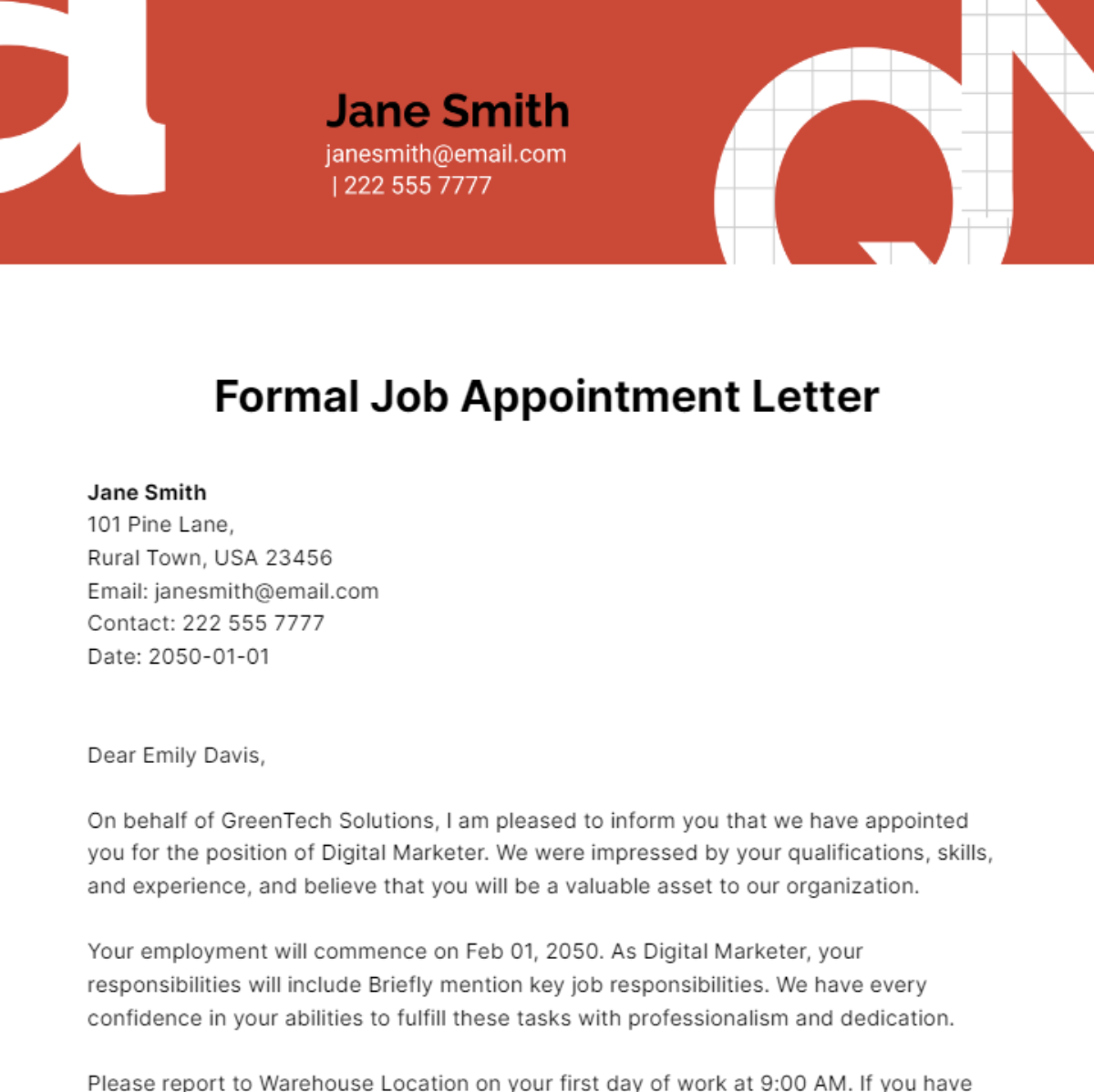 Formal Job Appointment Letter Template