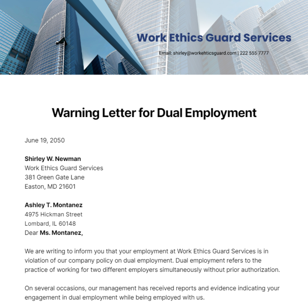 Free Warning Letter for Dual Employment Template