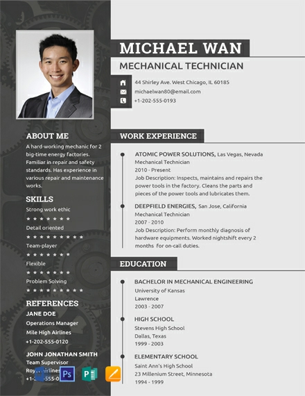 Mechanic Resume Template - Word, Apple Pages, PSD, Publisher