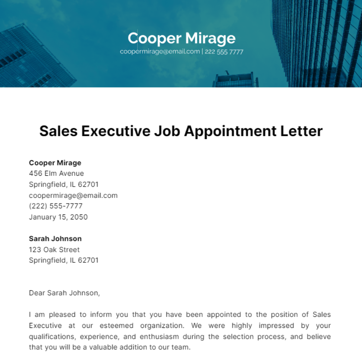 Free Sales Executive Job Appointment Letter Template