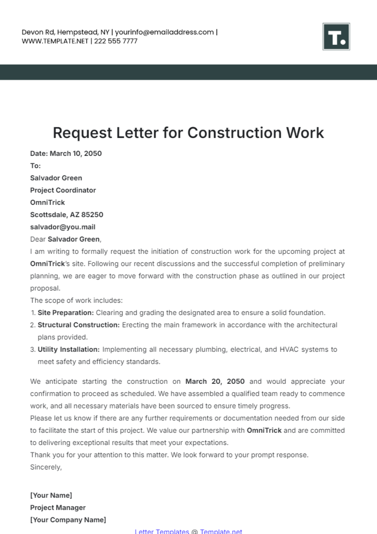 Request Letter for Construction Work Template - Edit Online & Download