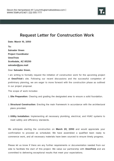 Free Request Letter for Construction Work Template to Edit Online