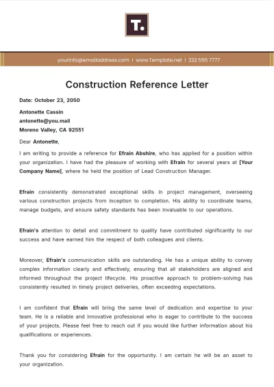 Free Construction Reference Letter Template to Edit Online