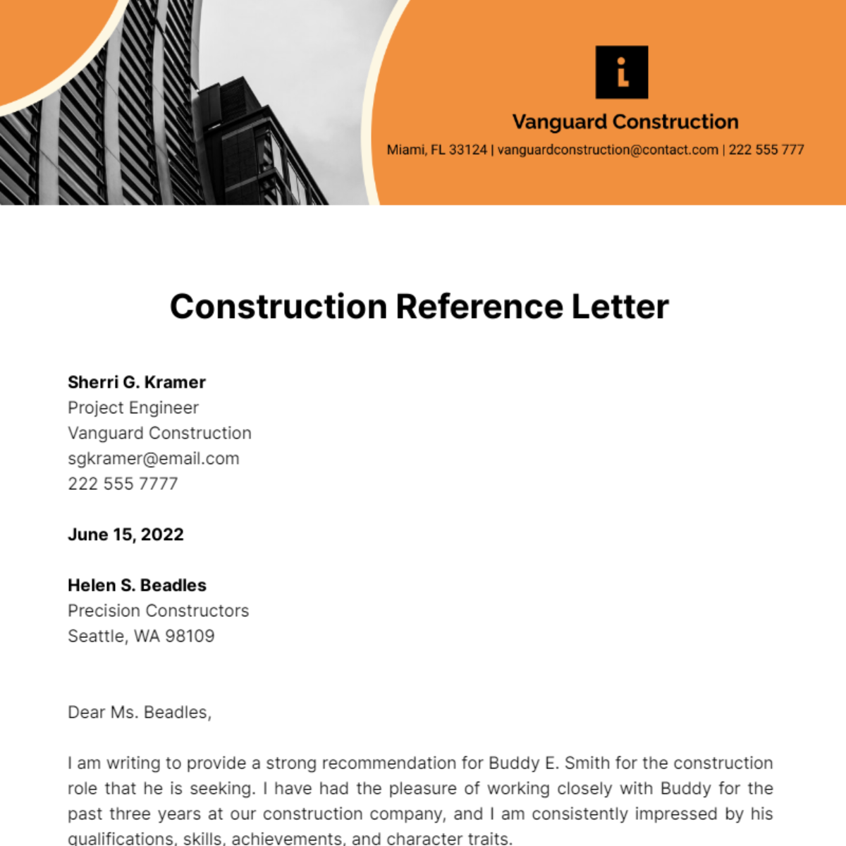 Construction Reference Letter Template
