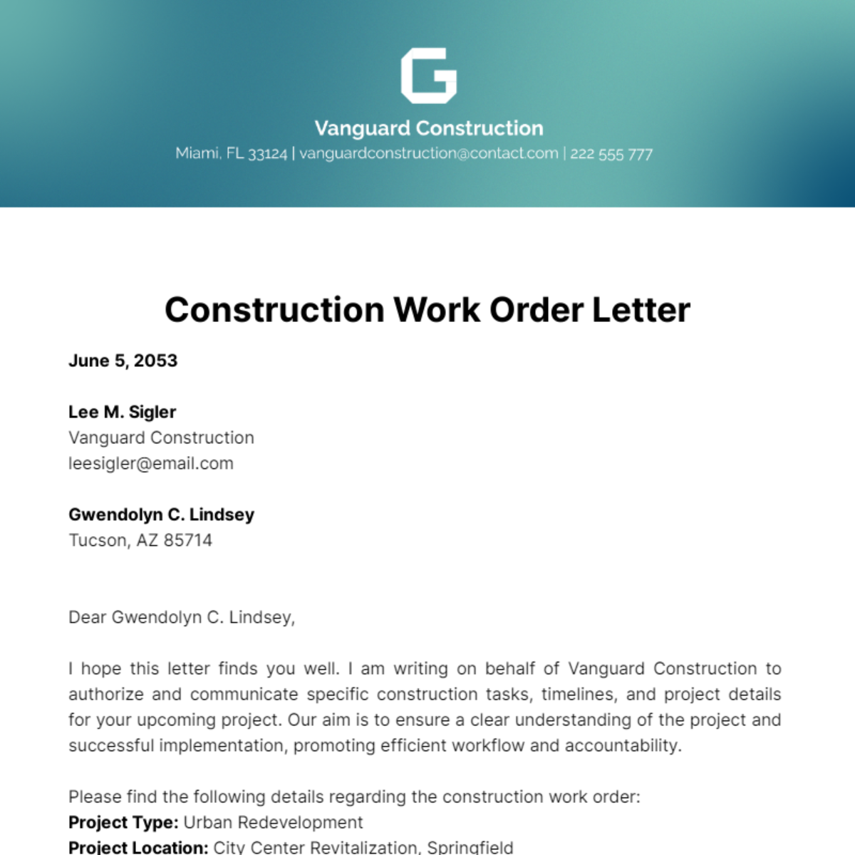 Construction Work Order Letter Template