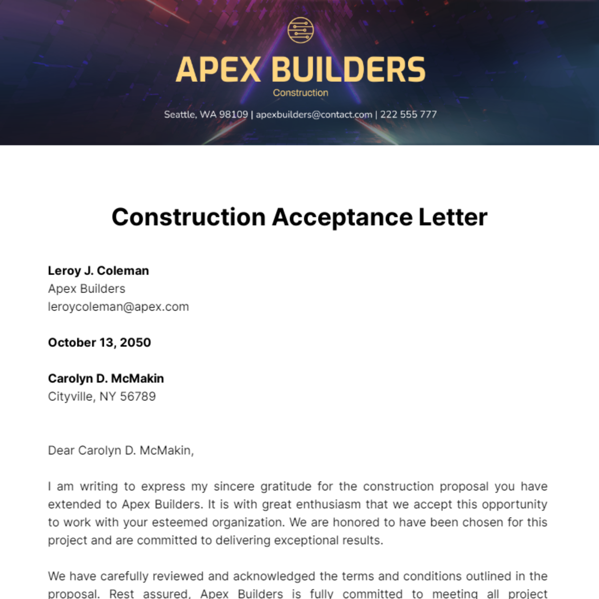 Construction Acceptance Letter  Template