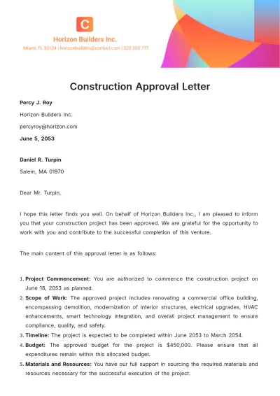 Free Construction Approval Letter  Template to Edit Online