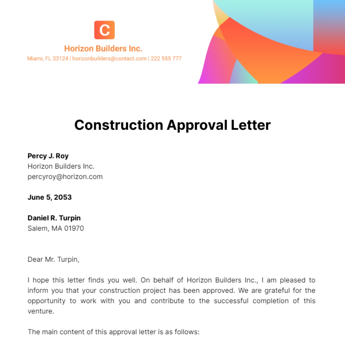 Construction Approval Letter  Template