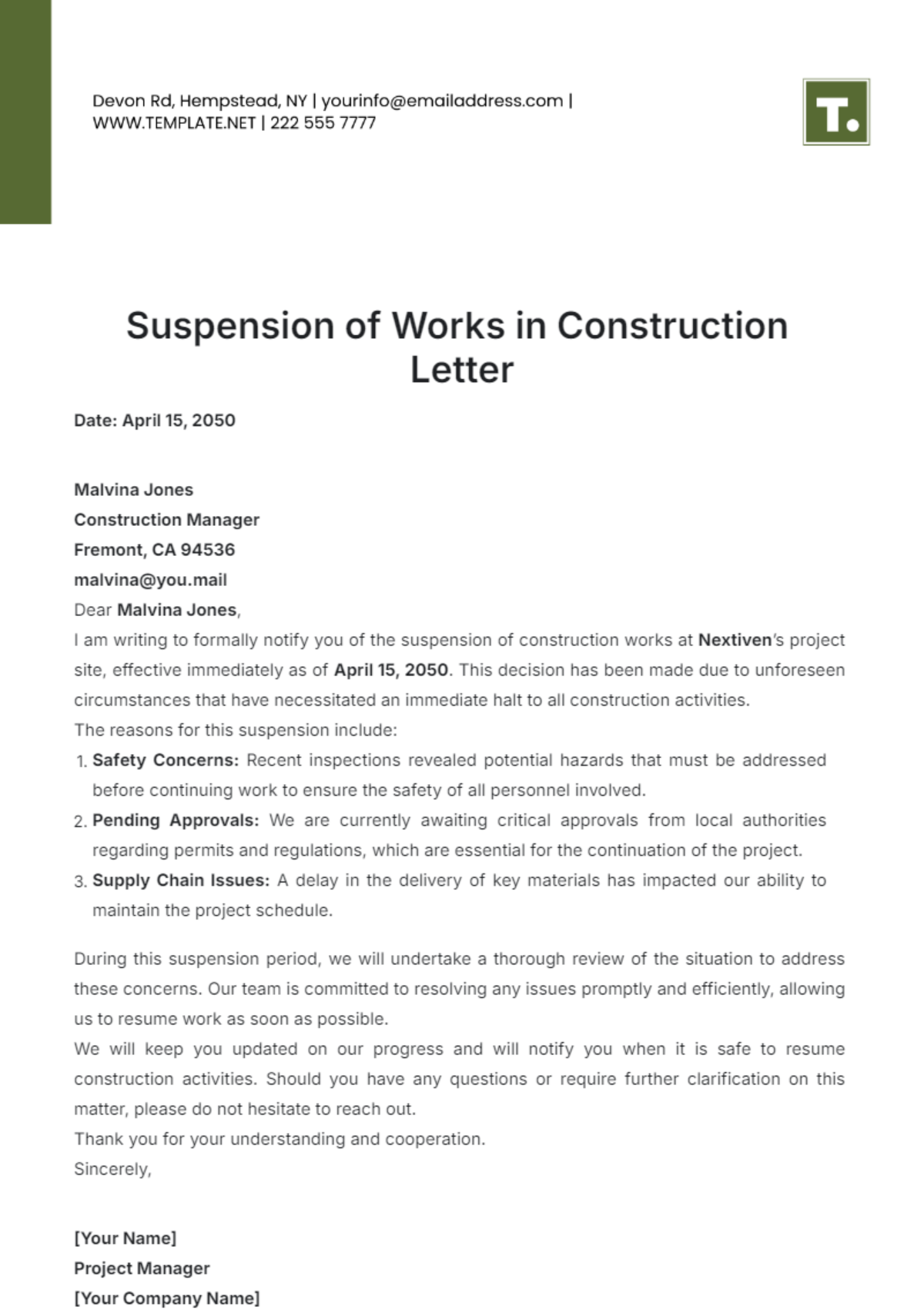 Suspension of Works in Construction Letter Template - Edit Online & Download