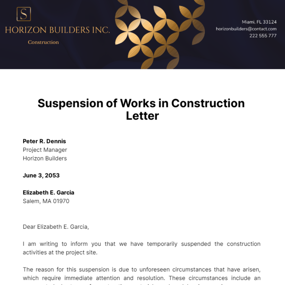 Suspension of Works in Construction Letter Template