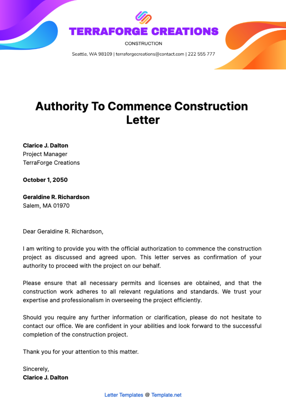 Free Authority to Commence Construction Letter Template