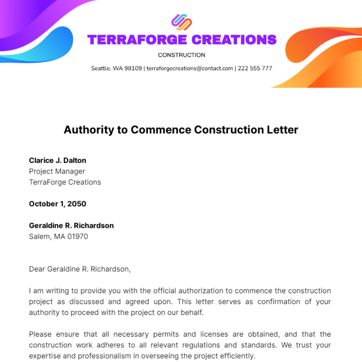 Authority to Commence Construction Letter Template