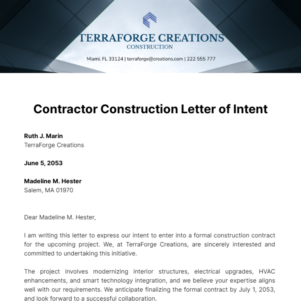 Contractor Construction Letter of Intent Template