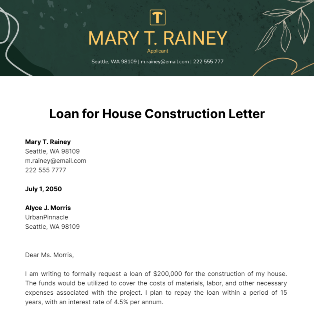 Loan for House Construction Letter Template