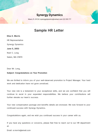 Free Sample HR Letter Template to Edit Online