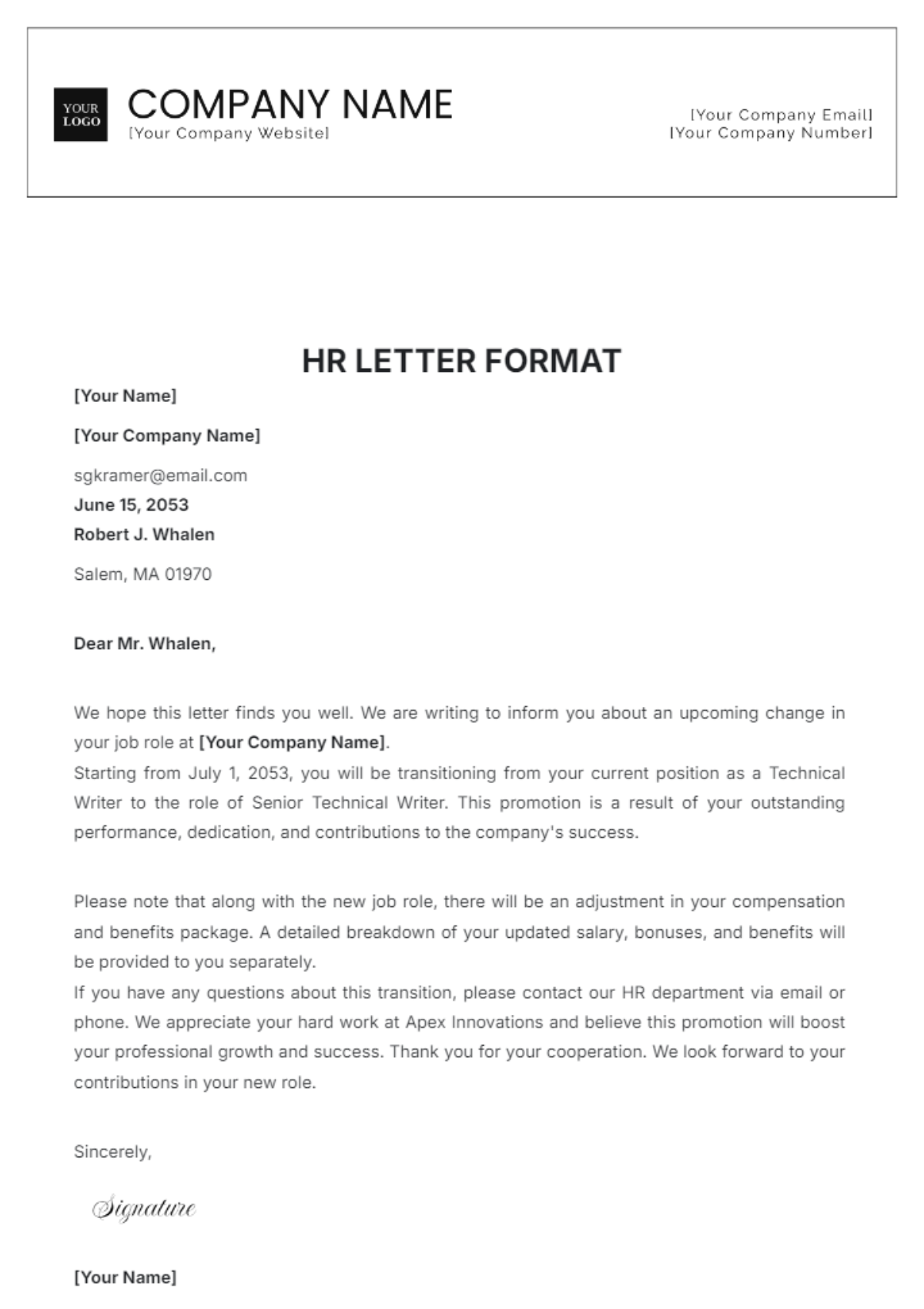 Free HR Letter Format Template - Edit Online & Download | Template.net