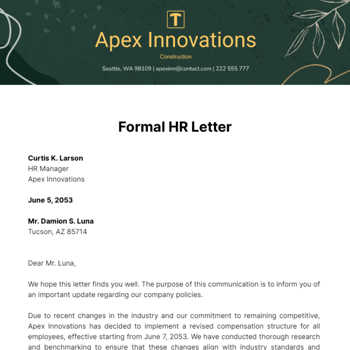 Formal HR Letter Template