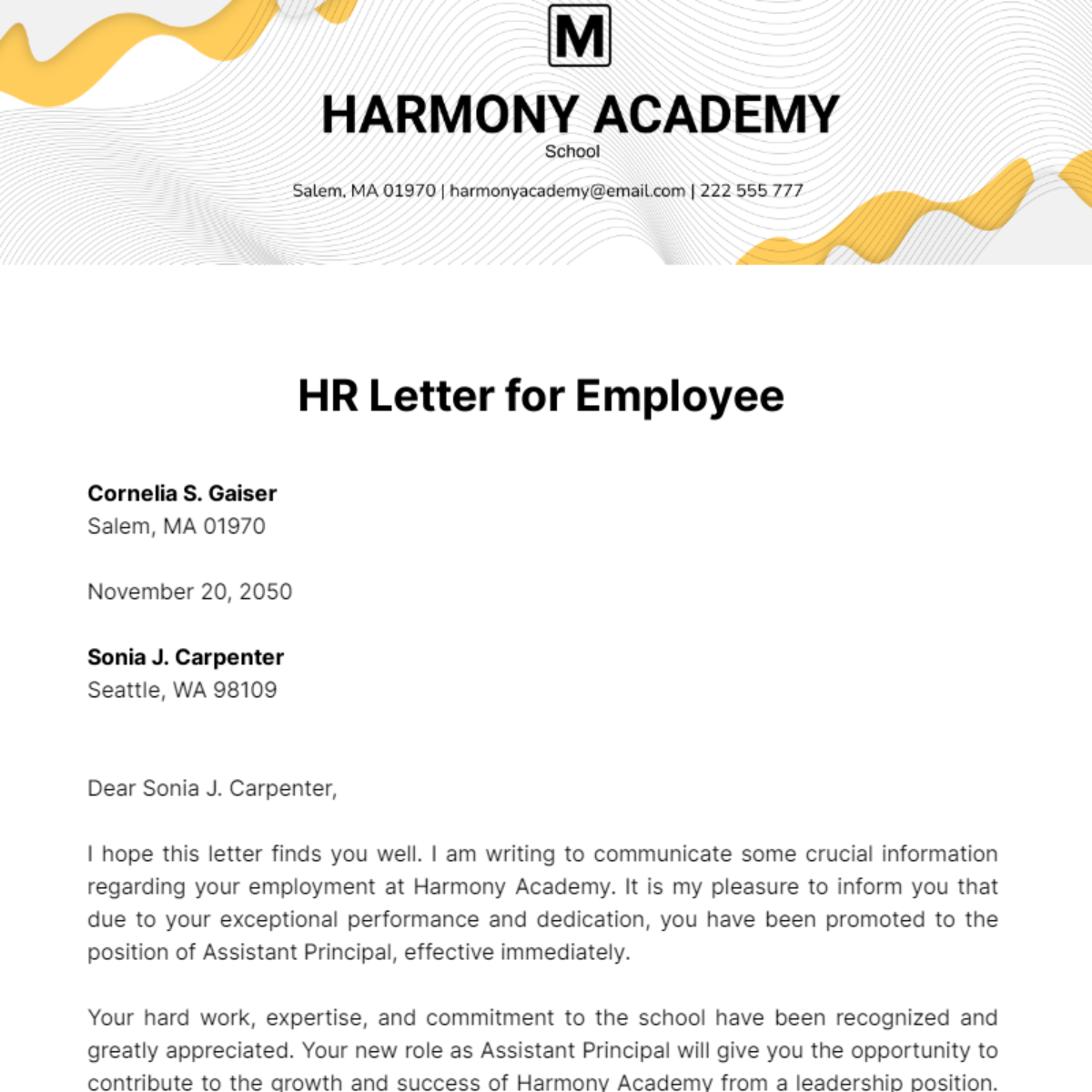 HR Letter for Employee Template