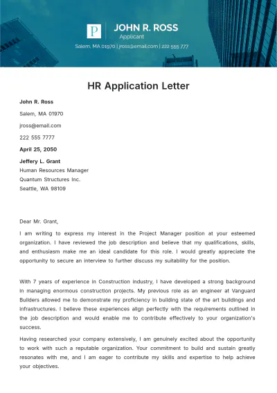 Free HR Application Letter Template to Edit Online