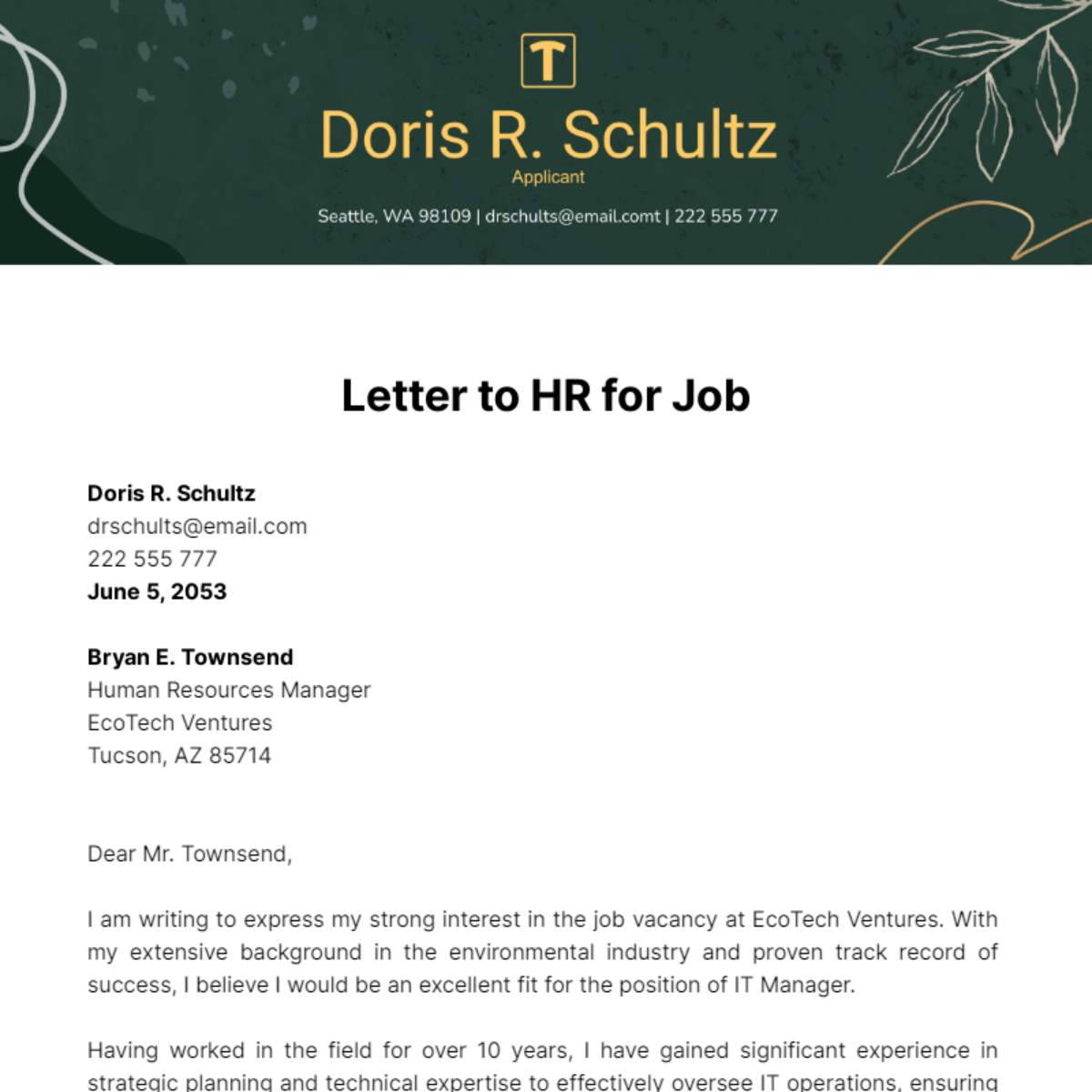 Letter to HR for Job Template