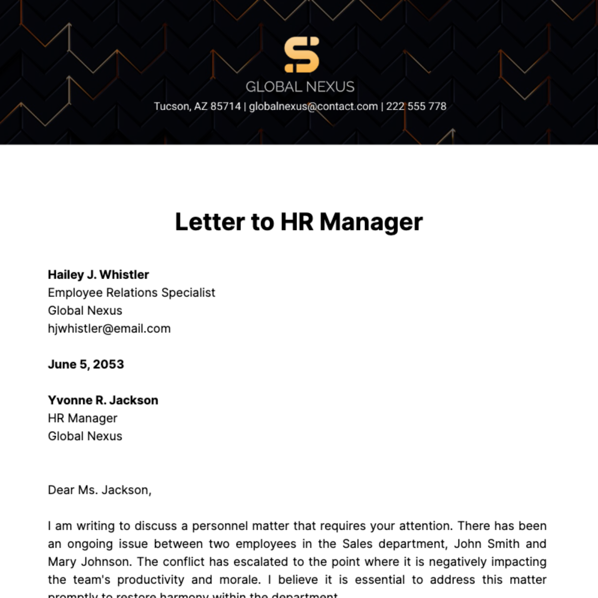 Letter to HR Manager Template