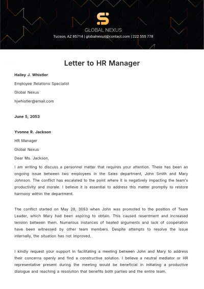 Free Letter to HR Manager Template to Edit Online