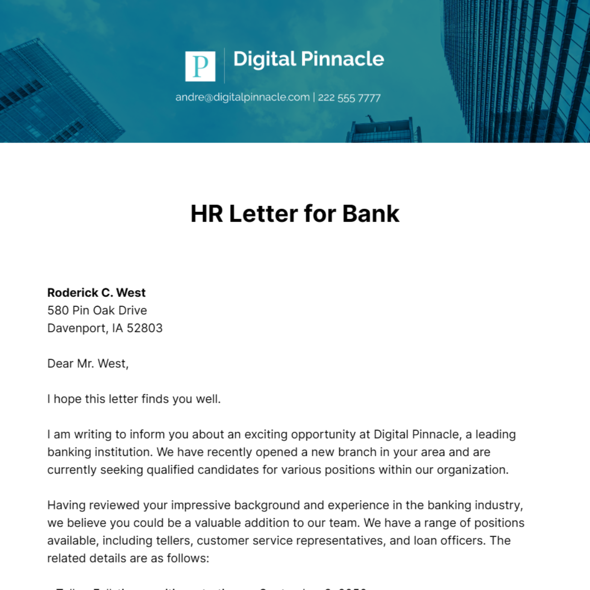 HR Letter for Bank Template