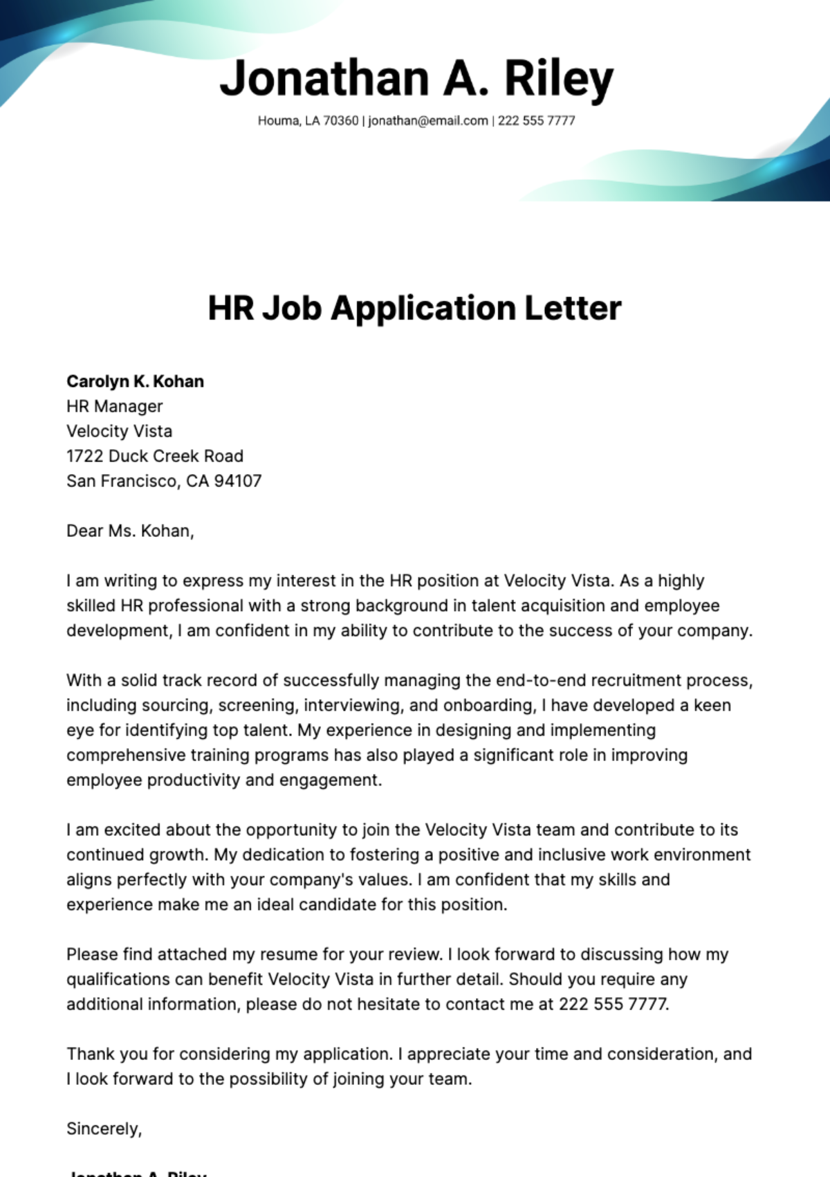 HR Job Application Letter Template