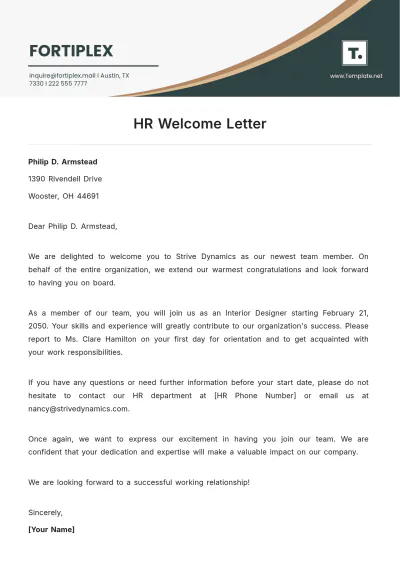 Free HR Welcome Letter Template to Edit Online