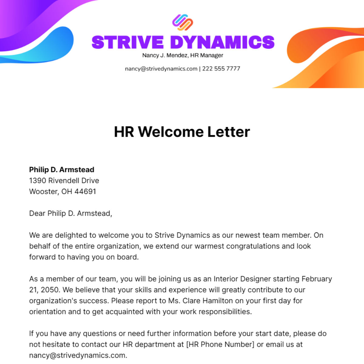 HR Welcome Letter Template