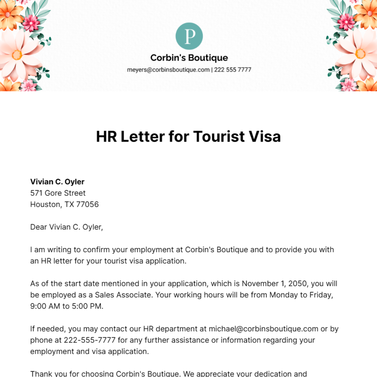 HR Letter for Tourist Visa Template