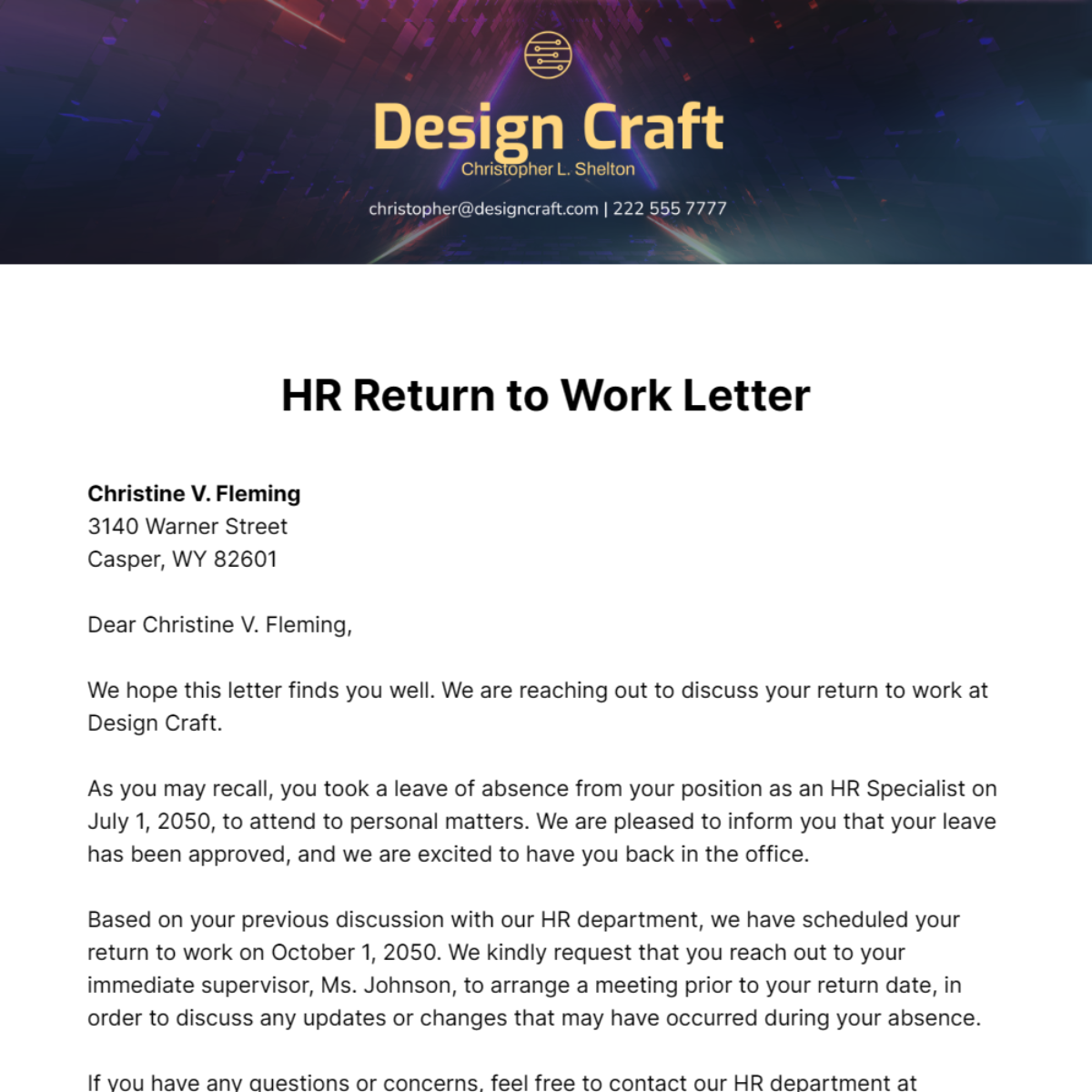 HR Return to Work Letter Template