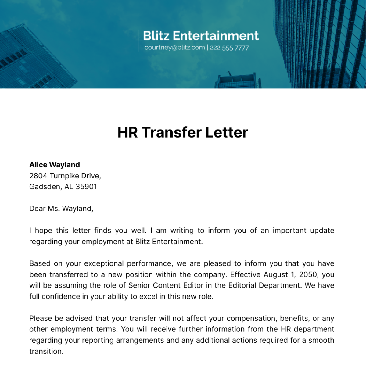 HR Transfer Letter Template