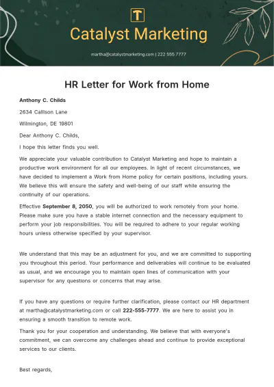 Free HR Letter for Work from Home Template to Edit Online