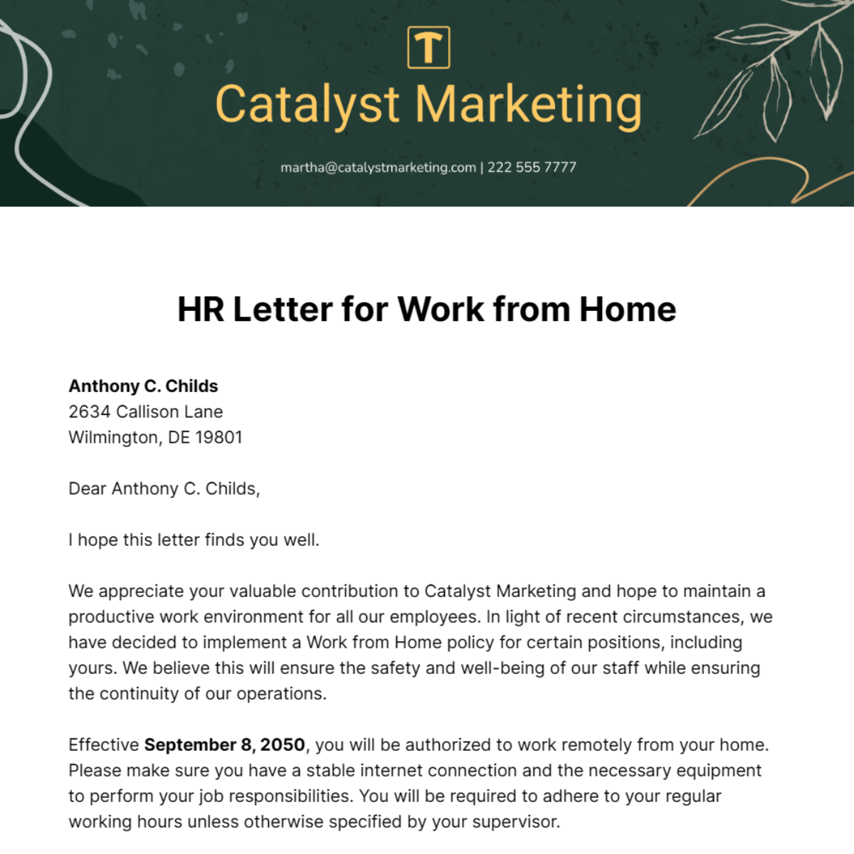 HR Letter for Work from Home Template