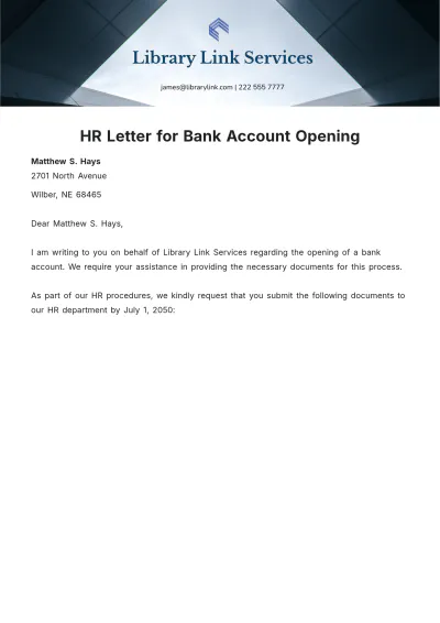 Free HR Letter for Bank Account Opening Template to Edit Online
