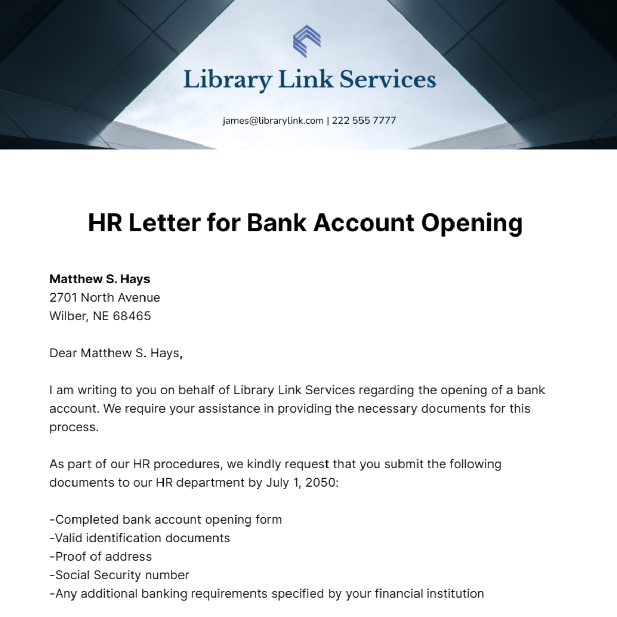 HR Letter for Bank Account Opening Template