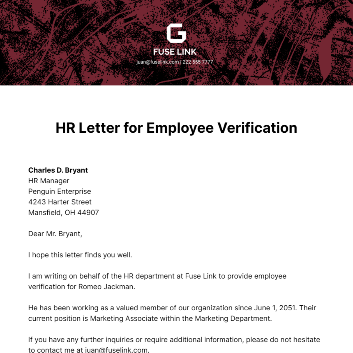 HR Letter for Employee Verification Template