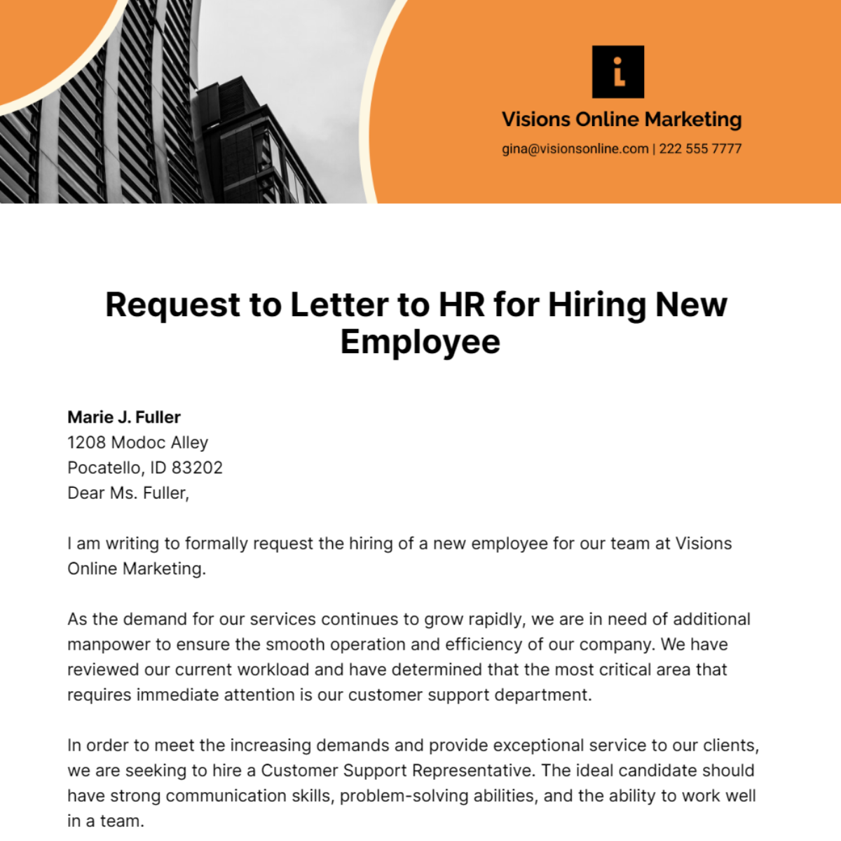 Request to Letter to HR for Hiring New Employee Template