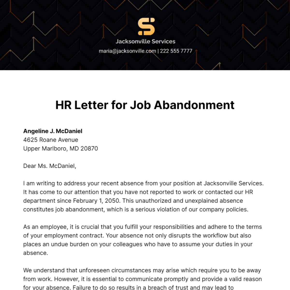 HR Letter for Job Abandonment Template