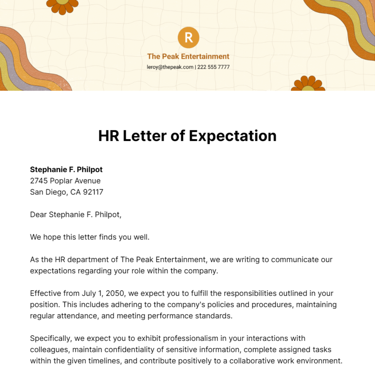 HR Letter of Expectation Template