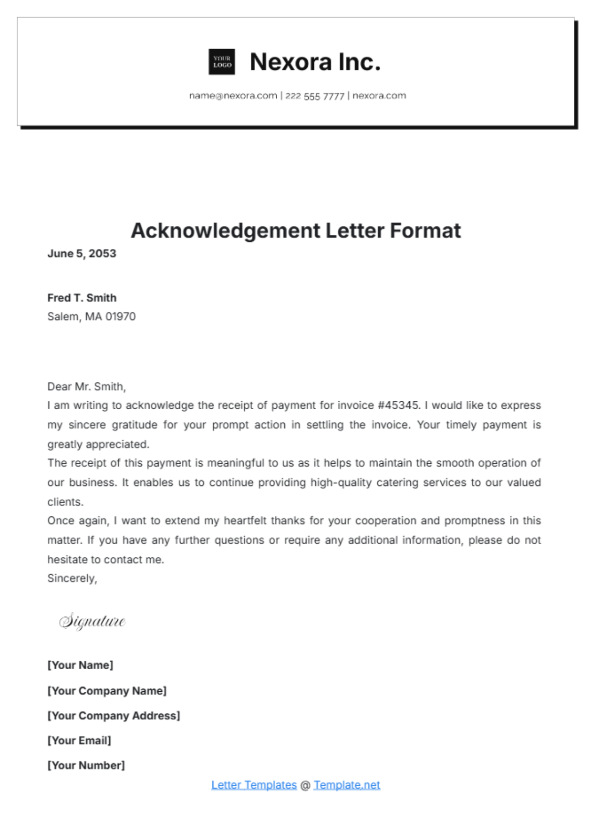 Acknowledgement Letter Format Template